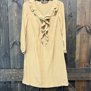 Zara Ruffle Dress Size M Khaki Cream Viscose Long Sleeves Neutral Office Stretch
